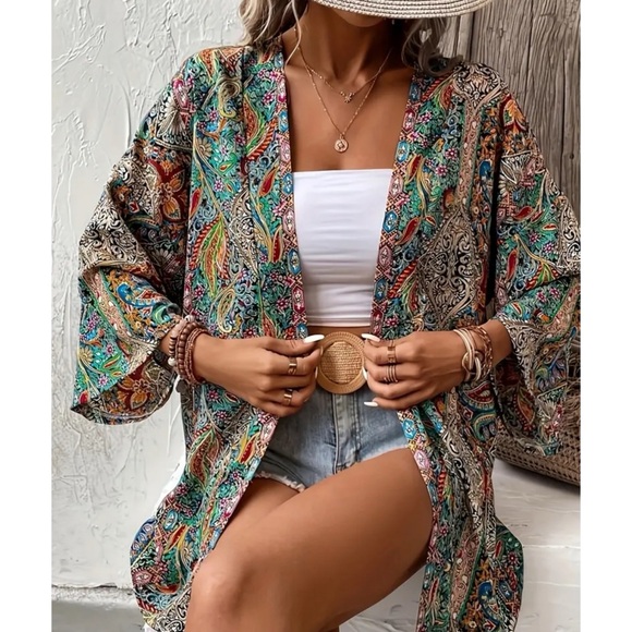 NWOT Boho Mixed Prints Open Front Kimono L - Picture 13 of 13